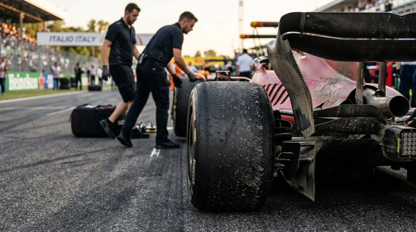 Monoposto di Formula 1 con gomme degradate durante la gara