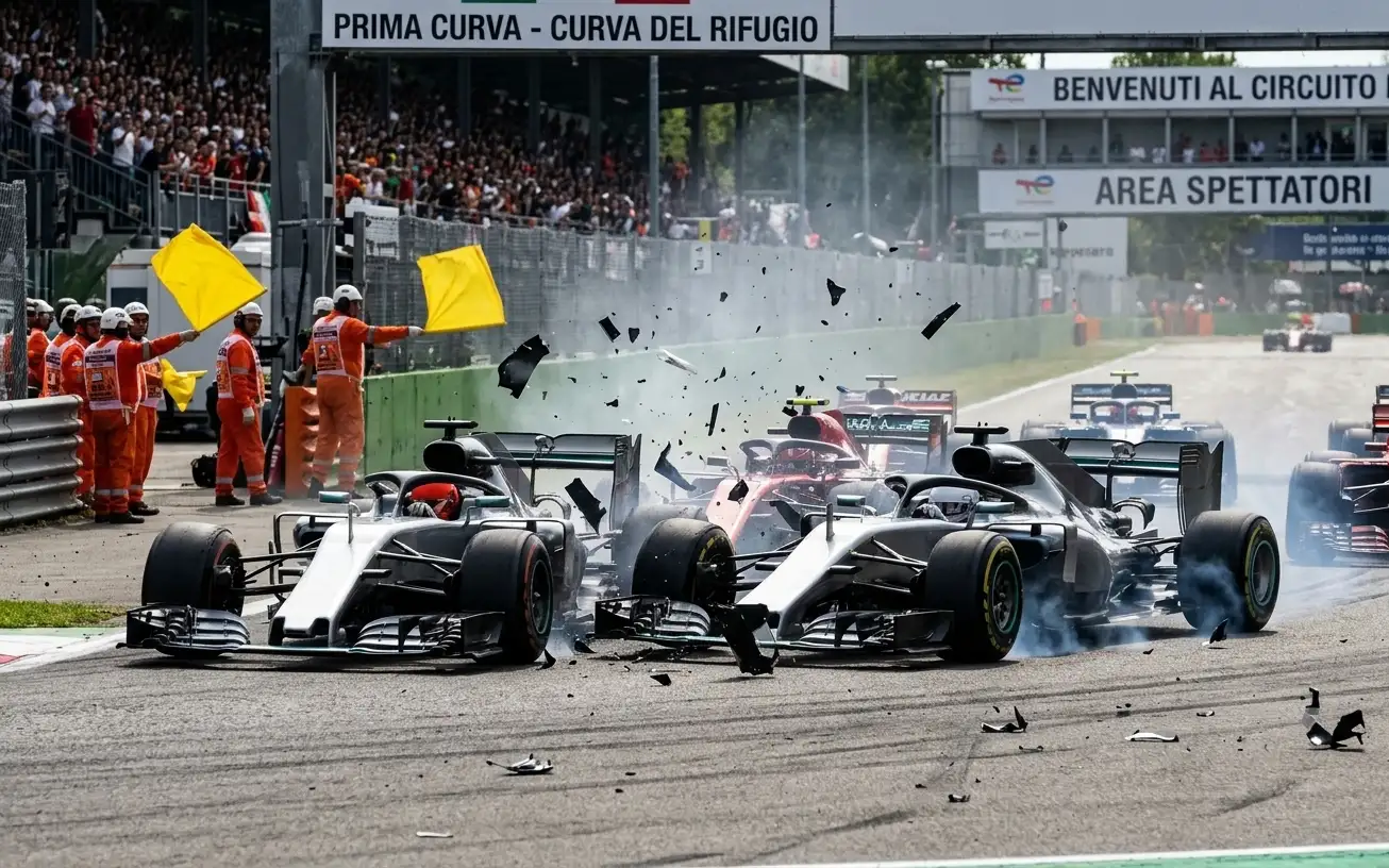 Contatto tra monoposto di Formula 1 alla partenza di un Gran Premio
