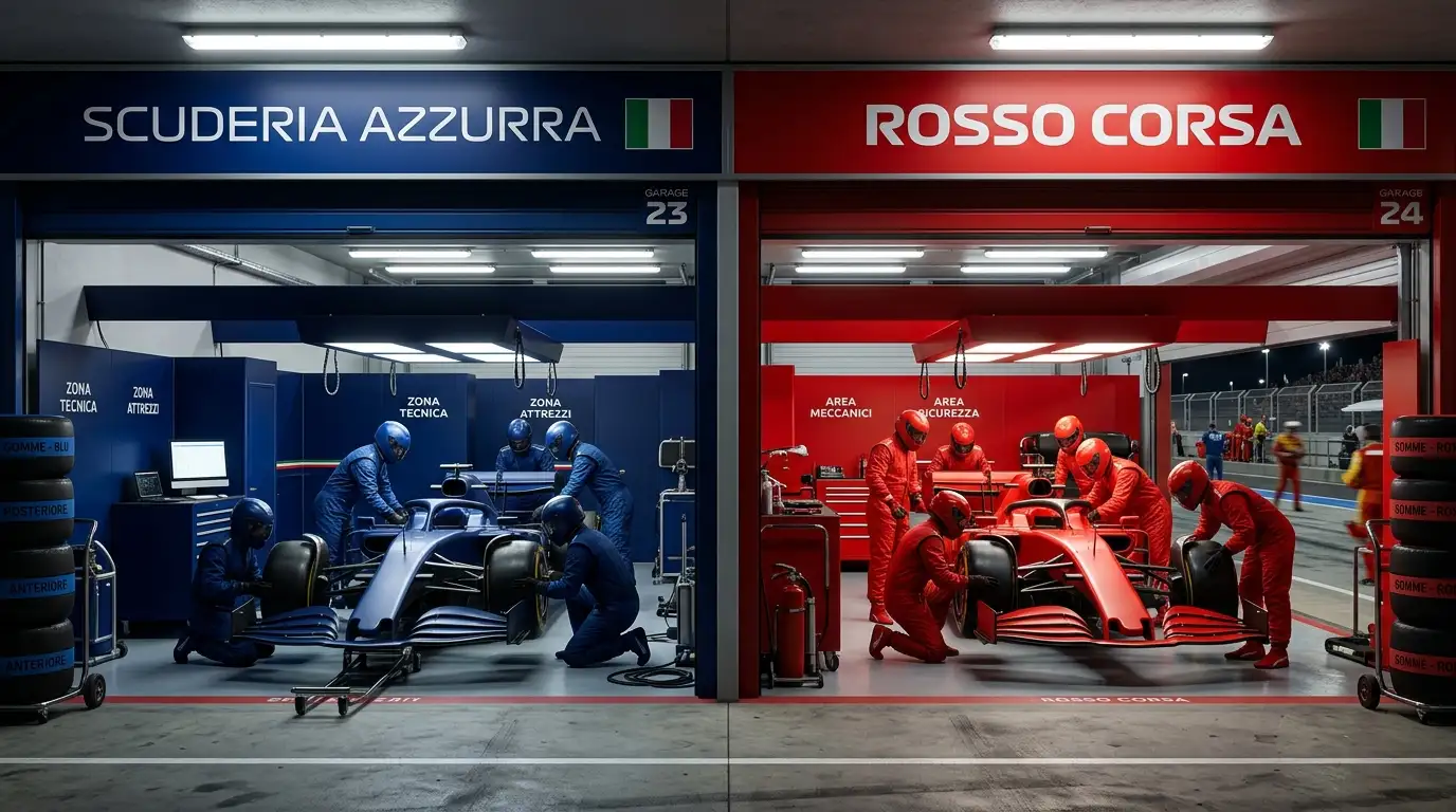 Box di due scuderie di Formula 1 a confronto nel paddock