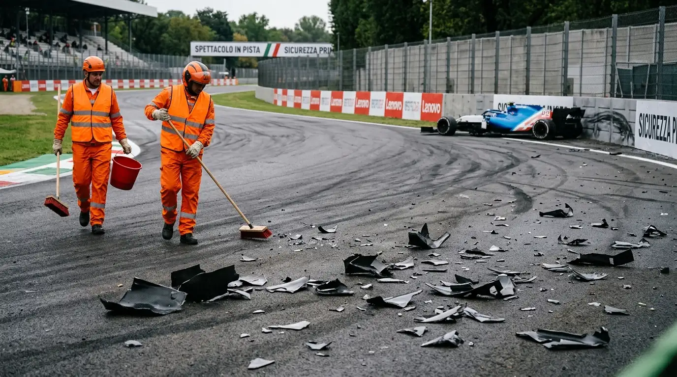 Detriti sulla pista di Formula 1 dopo un incidente di gara