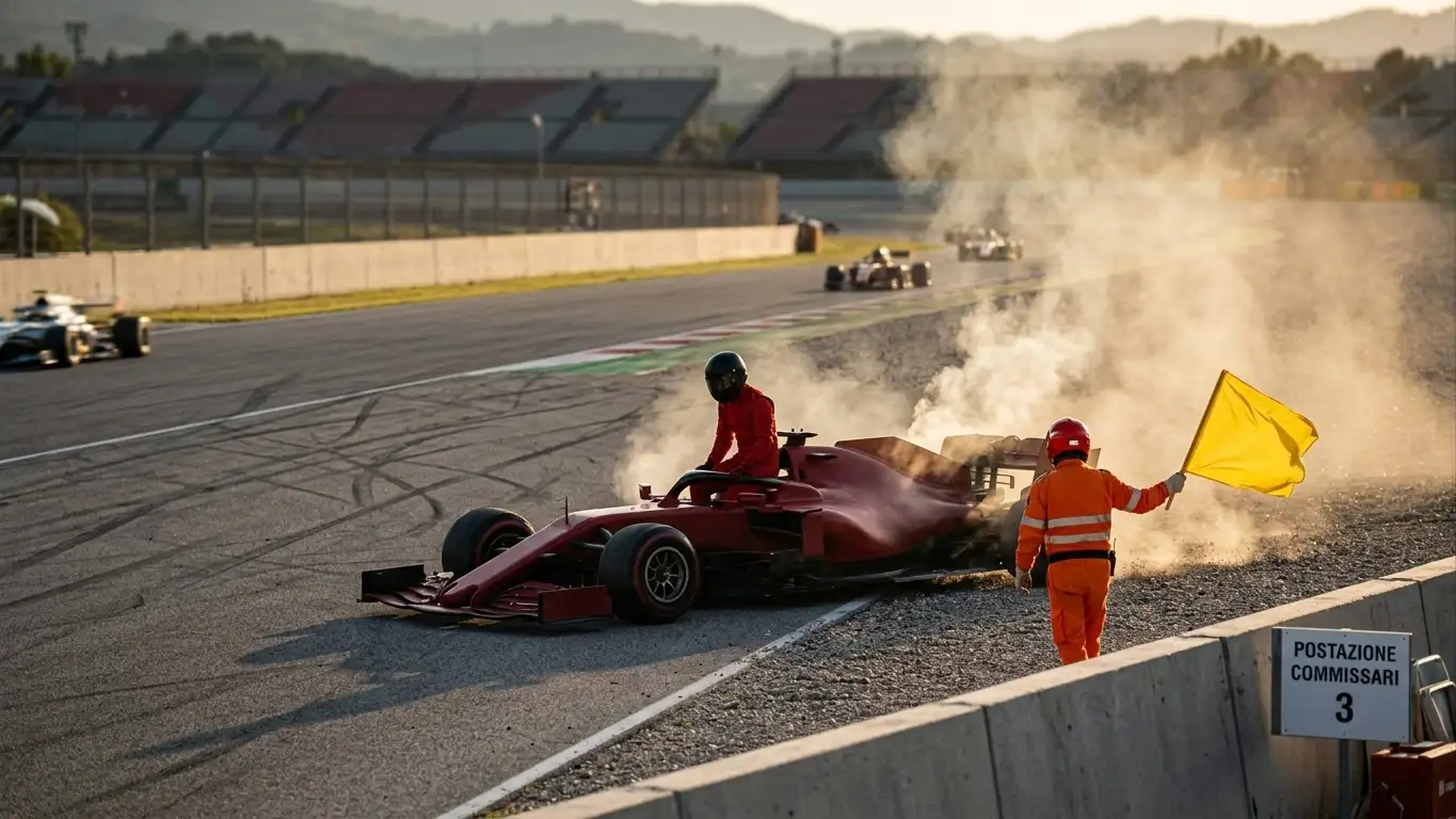 Monoposto di Formula 1 ferma a bordo pista dopo un problema meccanico