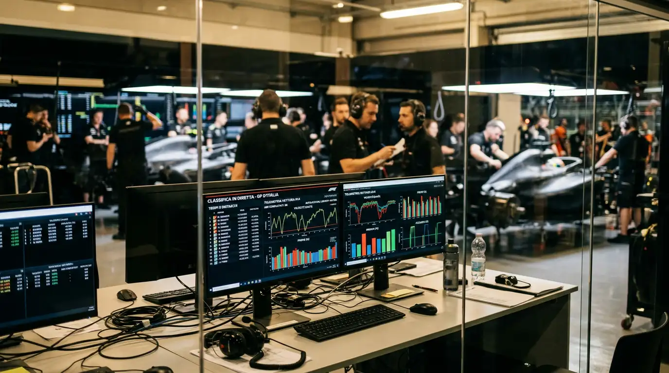 Paddock di Formula 1 con schermi di analisi quote scommesse