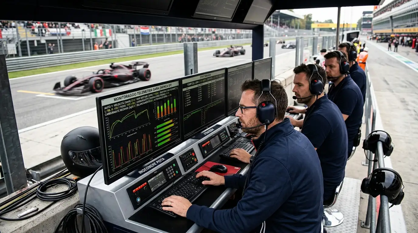 Ingegneri di una scuderia di Formula 1 al muretto dei box con i dati