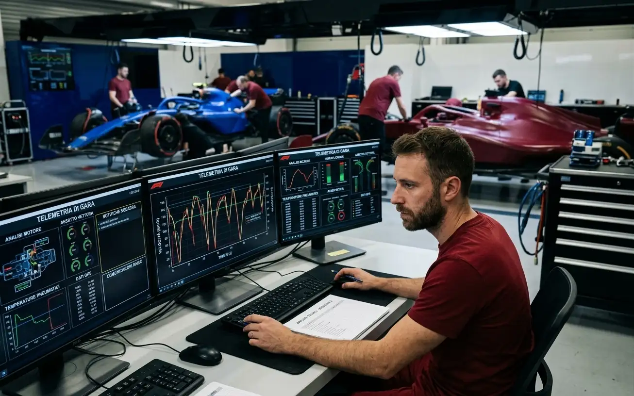 Ingegnere di pista che analizza i dati delle prove libere al monitor