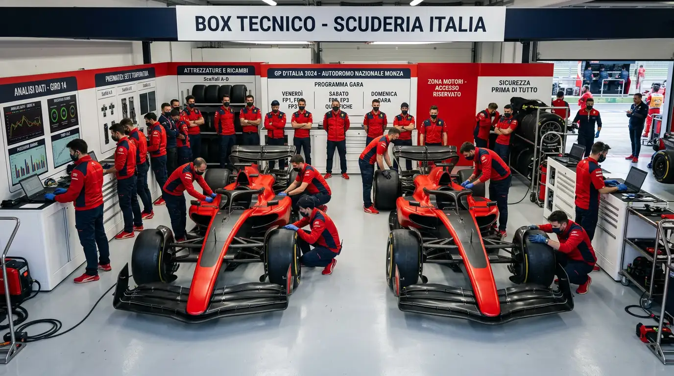 Box di una scuderia di Formula 1 con entrambe le monoposto e il team