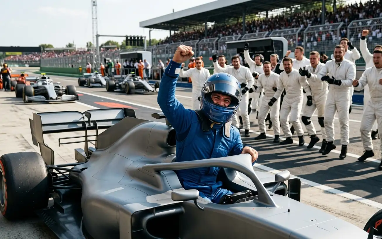 Pilota di una scuderia minore di Formula 1 che festeggia un podio