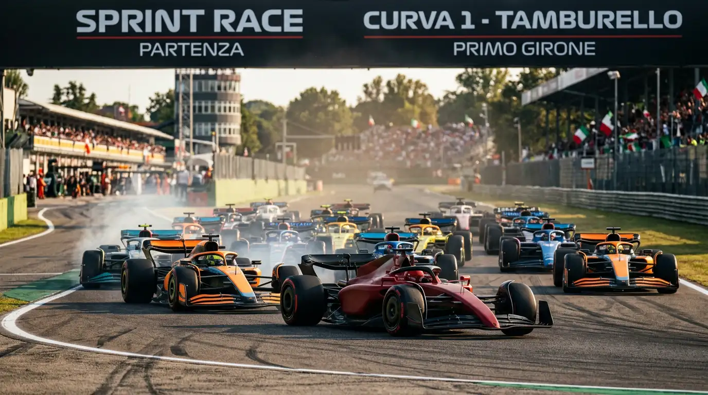 Partenza della sprint race di Formula 1 con le monoposto in prima curva