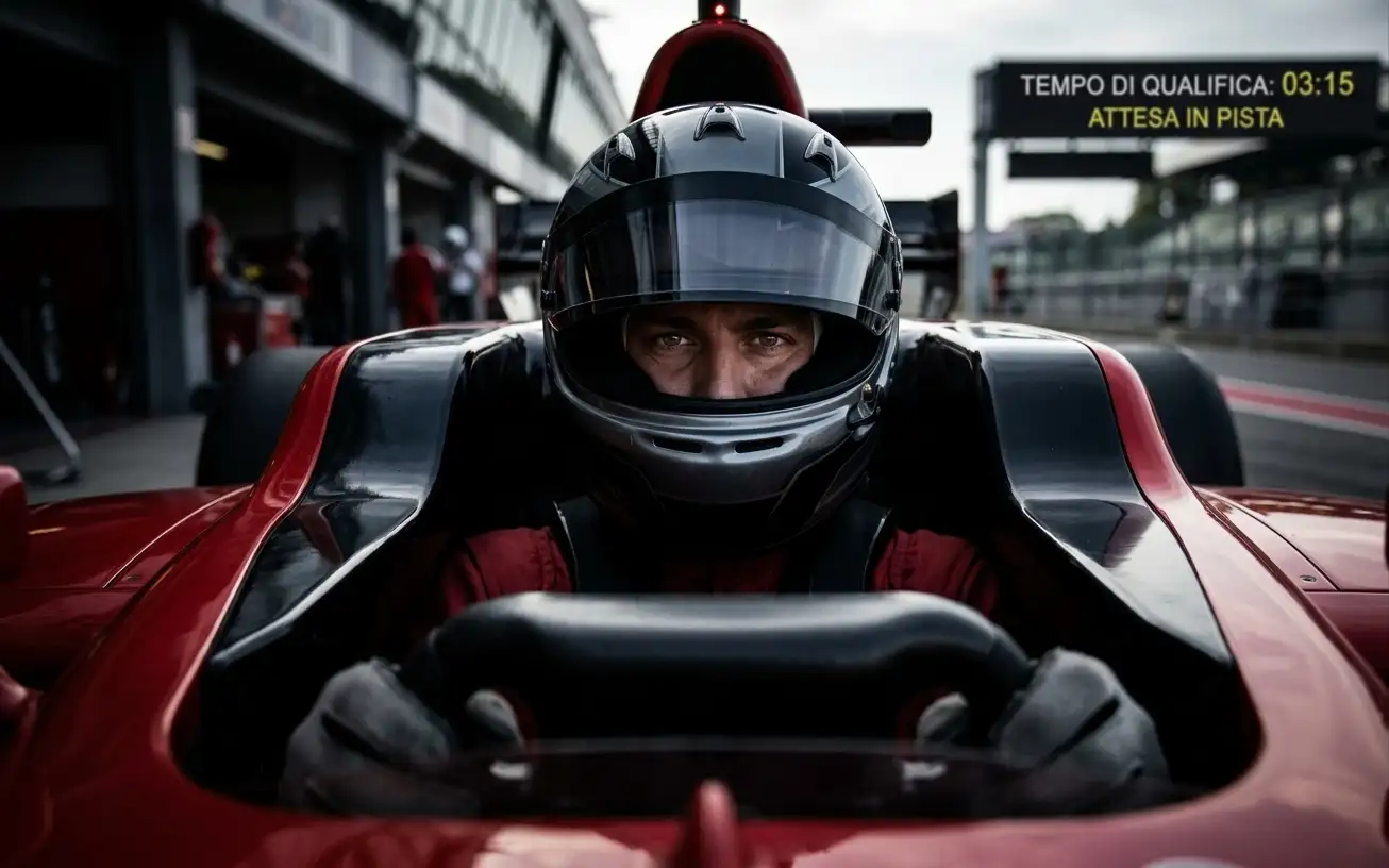 Pilota di Formula 1 concentrato nell'abitacolo prima del giro veloce