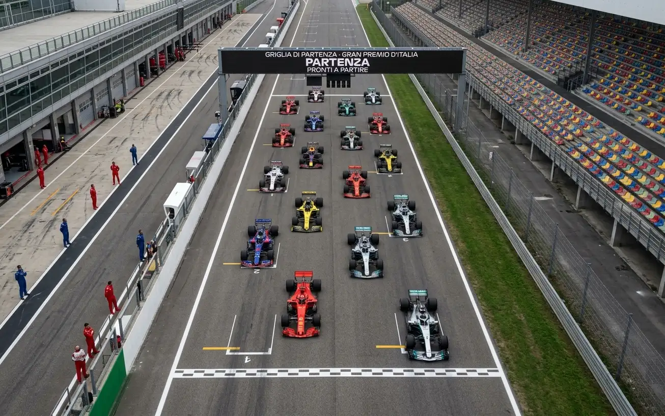 Sessione di qualifica F1 con monoposto in attesa sulla griglia di partenza