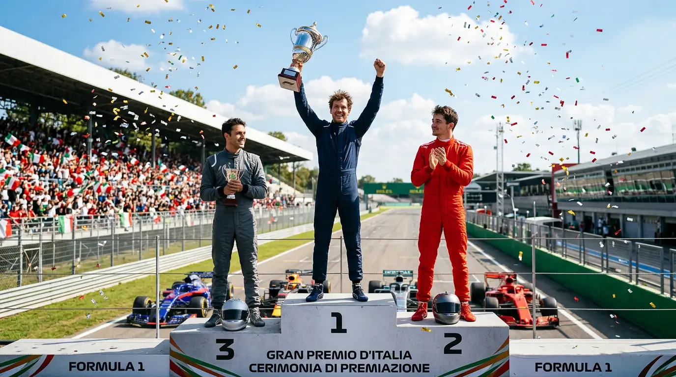 Pilota di Formula 1 sul podio dopo aver vinto un Gran Premio
