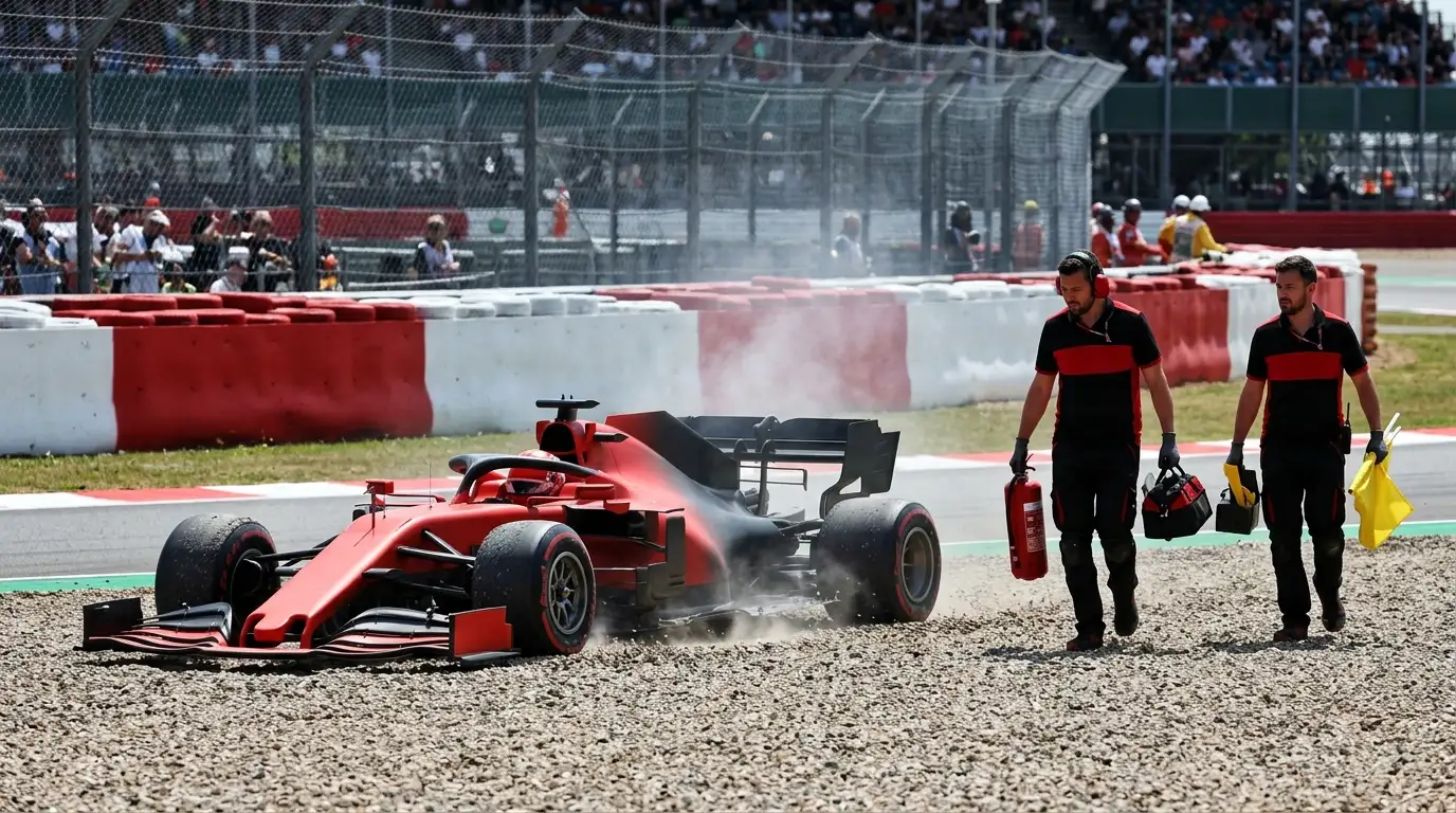 Monoposto F1 ai box durante un ritiro tecnico con meccanici al lavoro