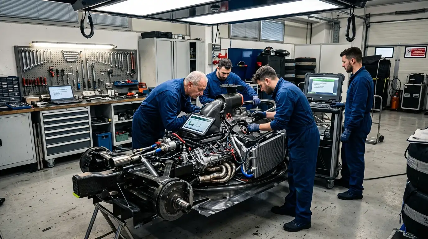Monoposto di Formula 1 ritirata ai box per un problema tecnico