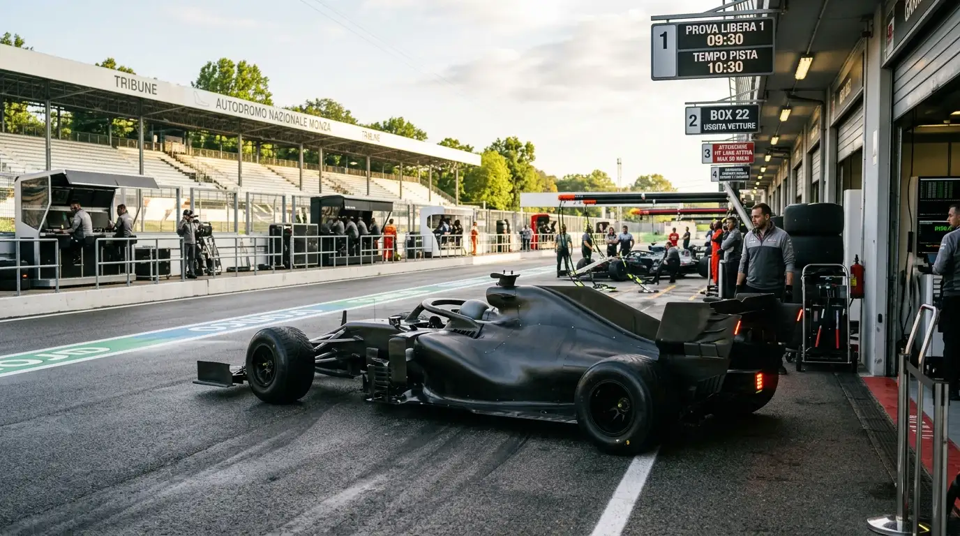 Monoposto di Formula 1 che esce lentamente dai box durante le prove