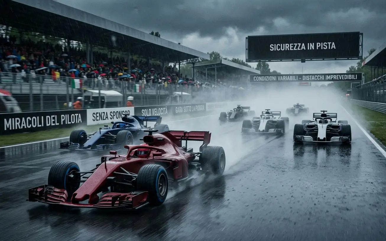 Monoposto di Formula 1 in condizioni di pioggia con distacchi variabili