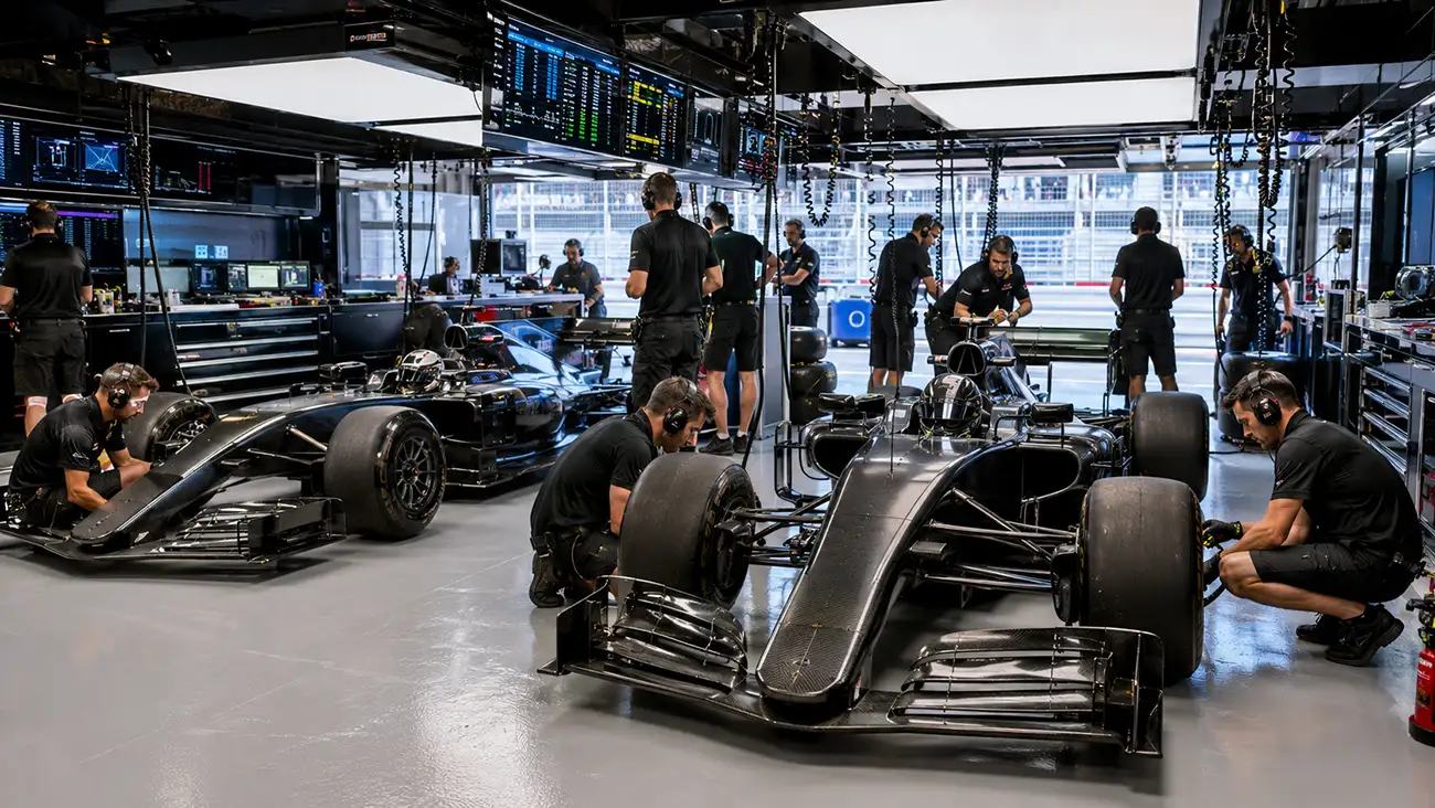 Box di una scuderia di Formula 1 con le monoposto del team