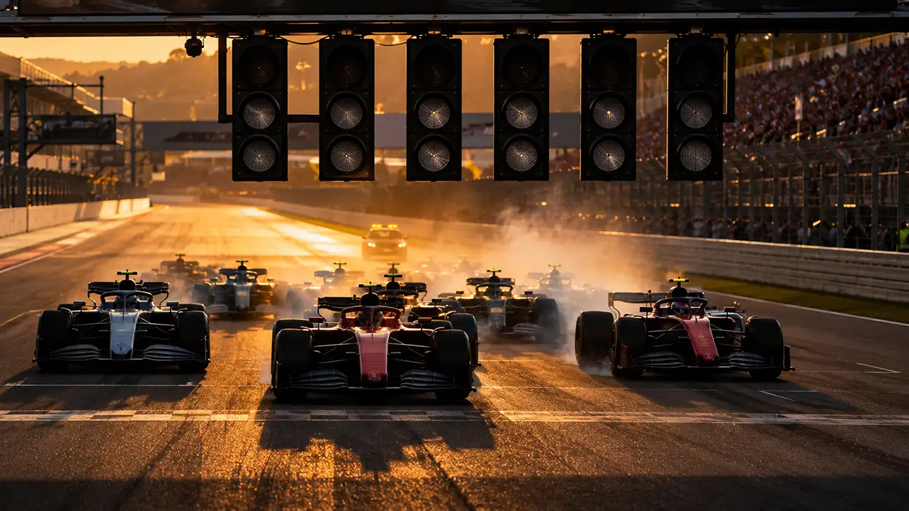 Partenza di un Gran Premio di Formula 1 con sorpassi al primo giro