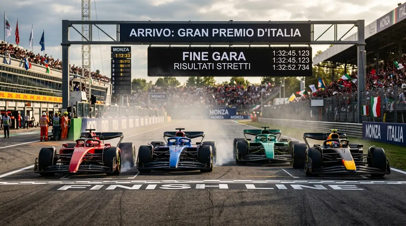 Gruppo di monoposto di Formula 1 che tagliano il traguardo insieme