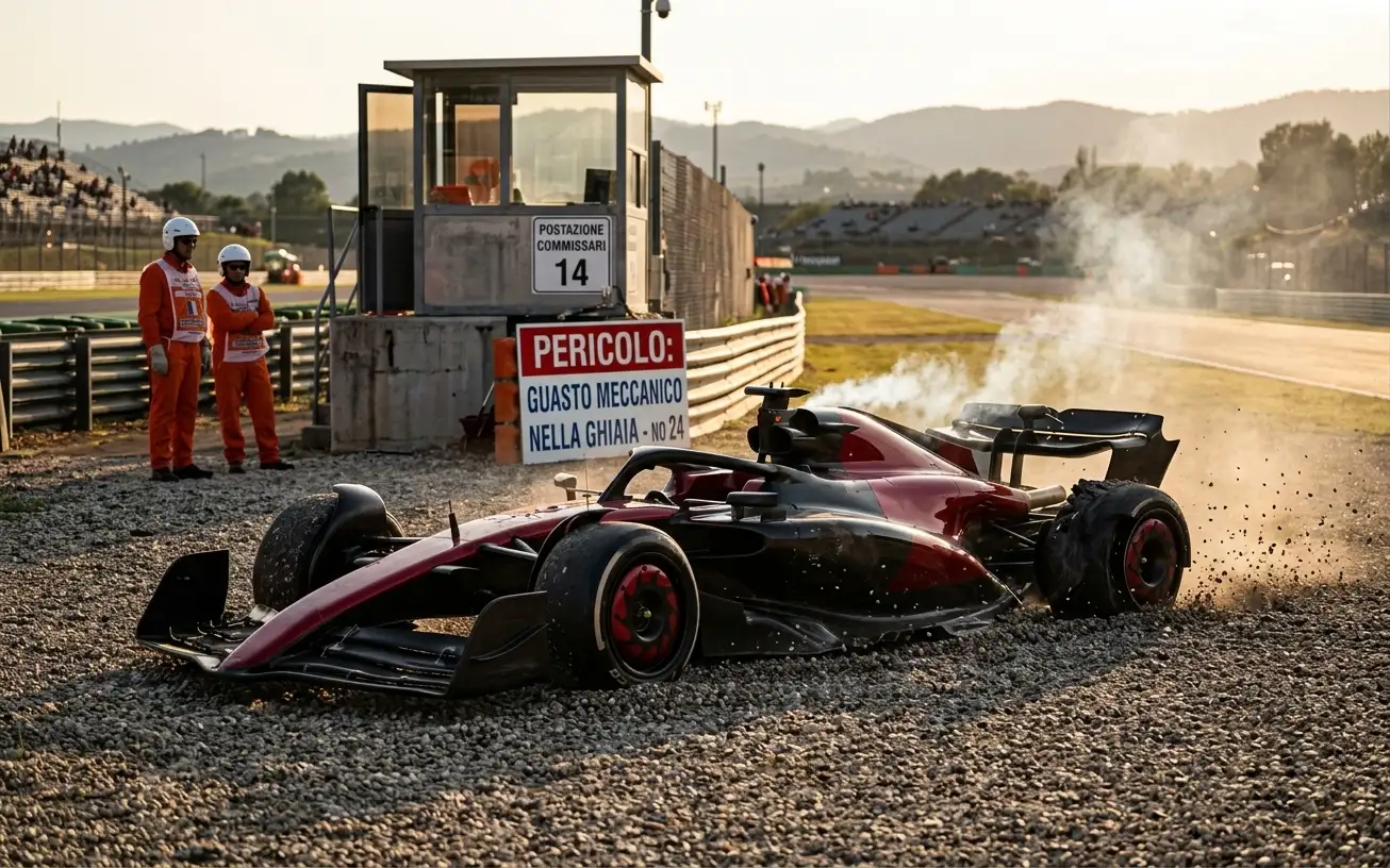Monoposto danneggiata di Formula 1 ai margini della pista